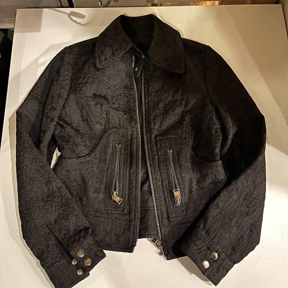 Carlisle Black Brocade Moto Zip Front Jacket Size 4 / UK 6 - Picture 3 of 8